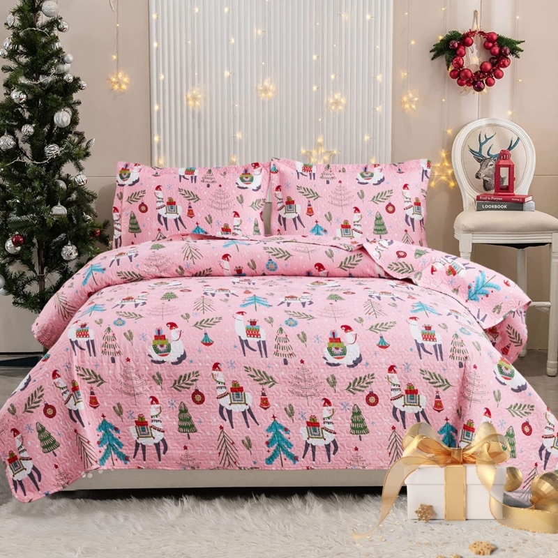 Quilt Set Pink Alpaca Print Lightweight Coverlet Whimsical Kids Room
