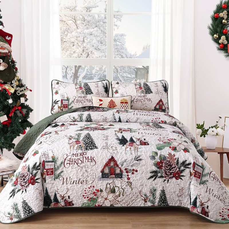 Quilt Set: Reindeer Pattern Red and White Holiday Bedding