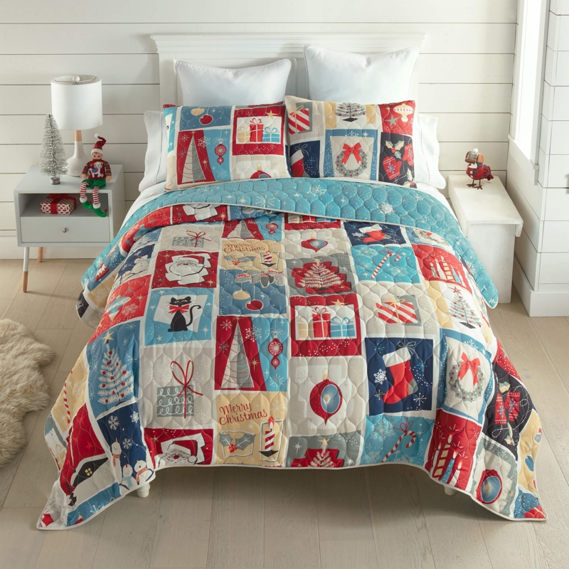 Quilt Set: Retro Christmas Motifs for a Cozy Lodge Style Bedroom