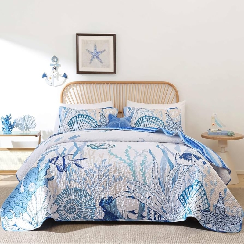Quilt Set Reversible Nautical Print Coastal Quilted Stitching Maritime