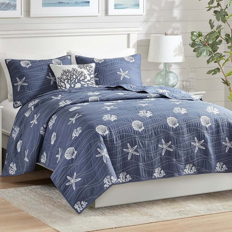 Quilt Set Reversible Navy Blue Quilt Set with Coral Embroidery