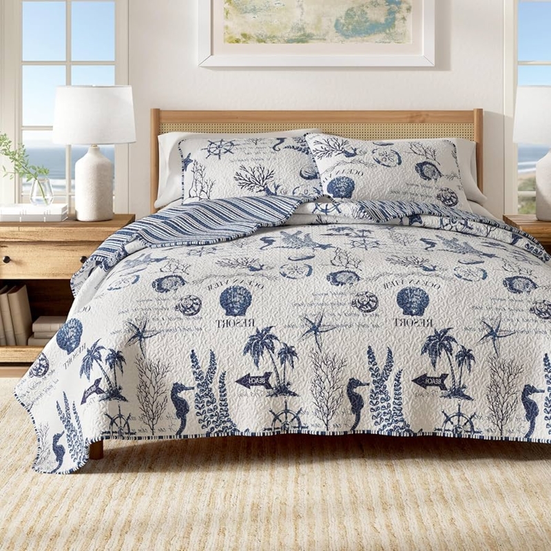 Quilt Set Sailboat Print Master Bedroom Decor with Vermicelli Quilting