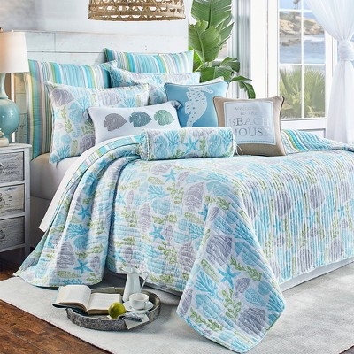 Quilt Set Scalloped Shams Seafoam Green Palette Teal Coastal Pattern