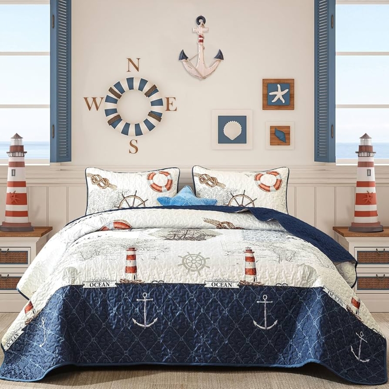 Quilt Set Sea Turtle Print Coastal Nautical Turquoise Coral Reversible