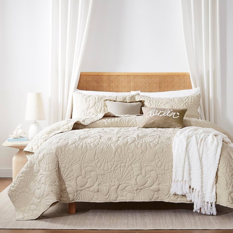 Quilt Set Seashell Pattern Sandy Beige Palette Coastal Twin Size