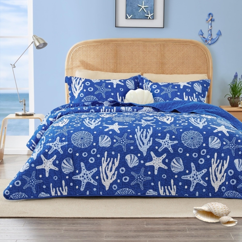 Quilt Set Starfish Motif Coral Pattern Coastal Nautical Reversible