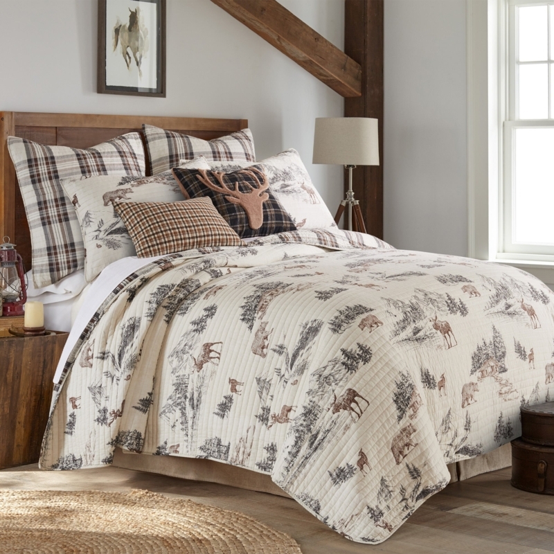 Quilt Set Tan Lodge Toile Pattern Diamond Quilting Rustic Decor