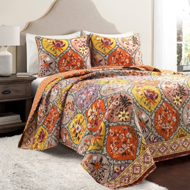 Quilt Set: Tangerine and Lilac Floral Botanical Print
