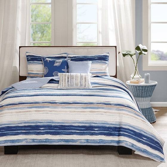 Quilt Set V-Berth Shape Navy Stripe Design Nautical Coastal Boat Cabin