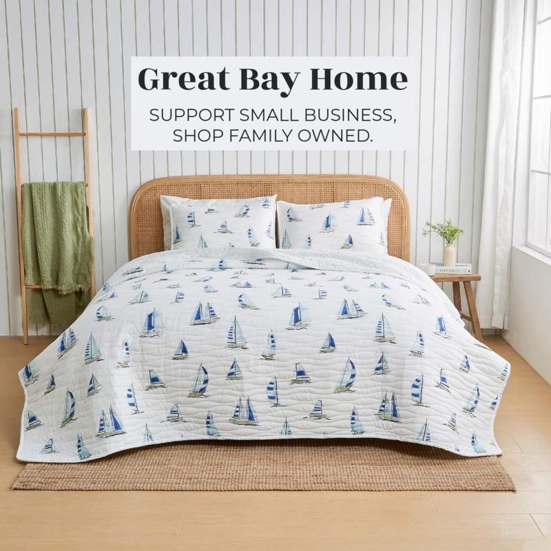 Quilt Set Watercolor Sailboat Print Reversible Nautical Diamond Stitch
