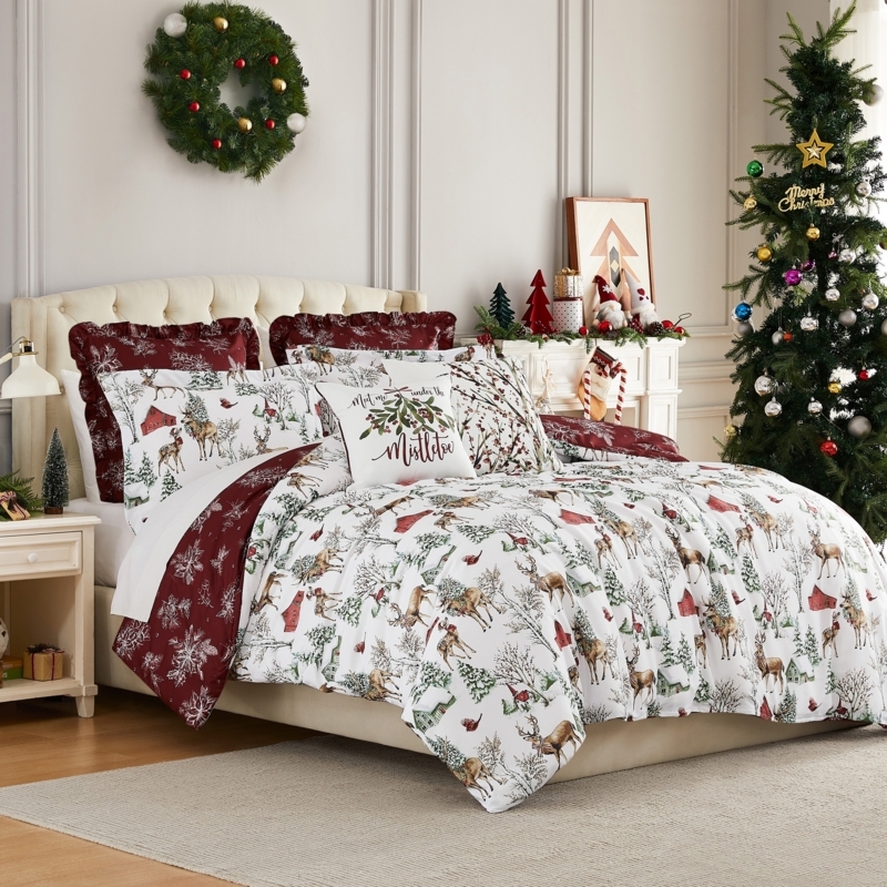 Quilt Set White Whimsical Holiday Motifs with Decorative Pillows