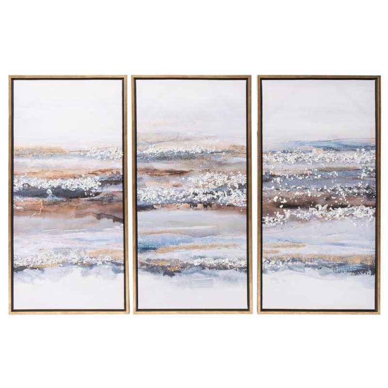Raised White Wall Art Set, Gold Leaf Accent Abstract Triptych