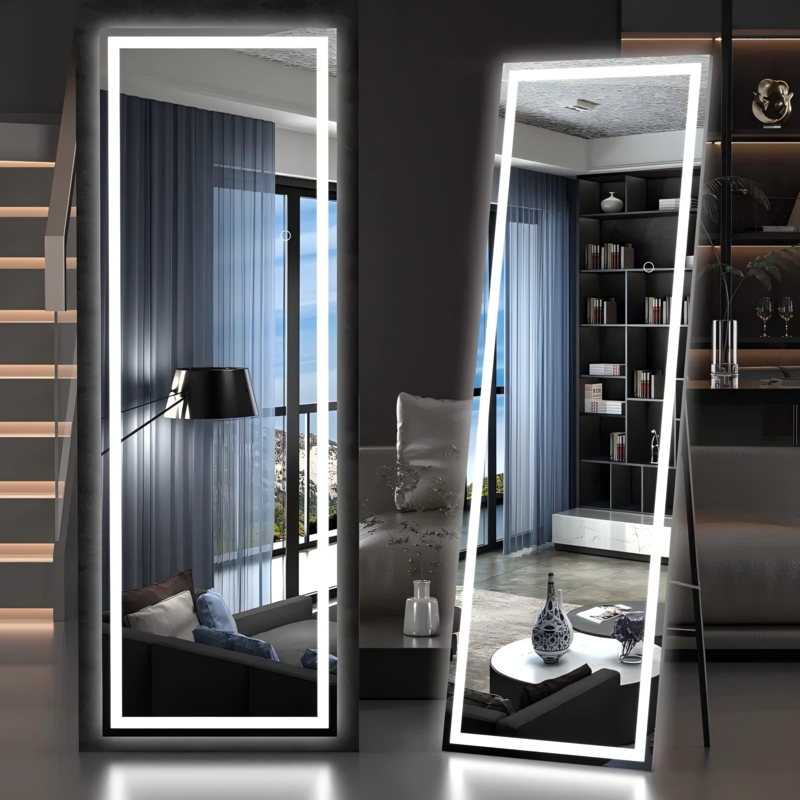 Rectangular Full Length Mirror, Matte Black Frame, Integrated LED