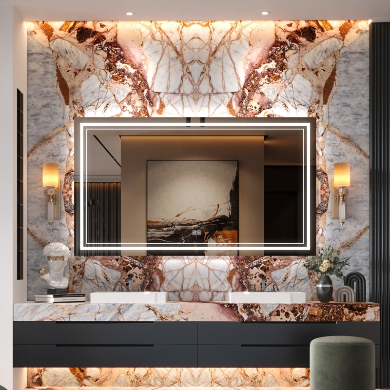 Rectangular Lighted Mirror Dual-Border LED Glow for Luxury Bath
