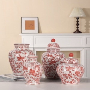 Red and White Chinoiserie Ceramic Urn Set Lidded Bird Floral Motif