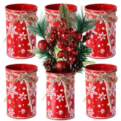 Red Metal Snowflake Vases with Twine Accents Farmhouse Christmas Decor