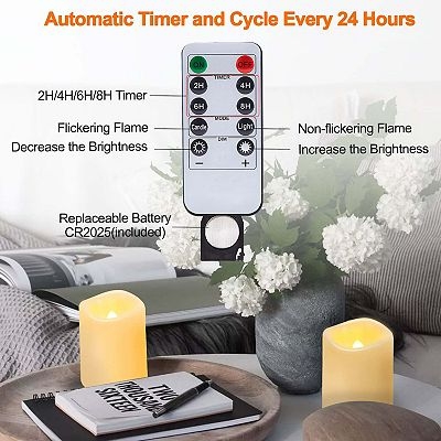 Remote Control Flameless Pillar Candles Cream 12 Piece Set Timer Cycle