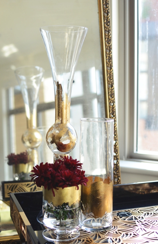 Reversible Glass Trumpet Vase, Distressed Metallic Leaf Accents