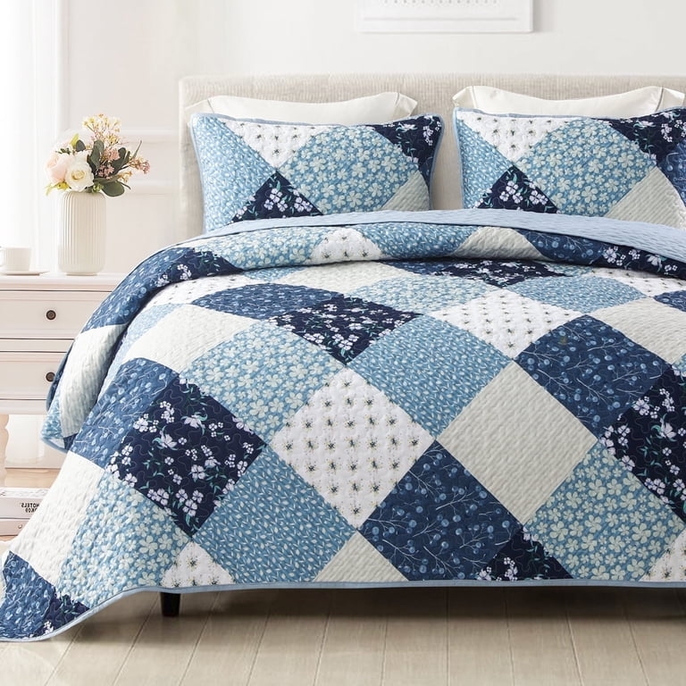 Reversible Quilt Set, Bohemian Patchwork Design, Navy Blue and Teal Floral.