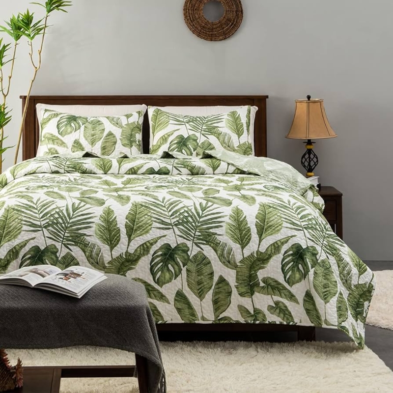 Reversible Quilt Set featuring Green Palm Leaf Print