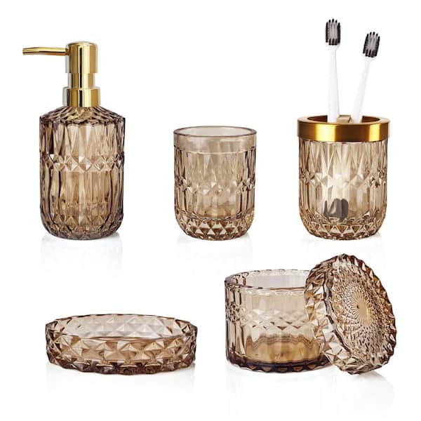 Ribbed Glass Bathroom Accessory Set, Translucent Amber Brown