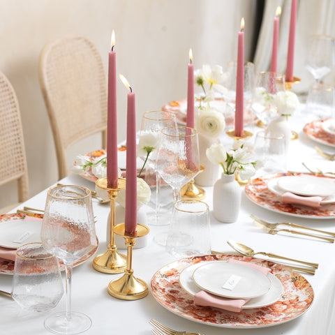 Romantic Pink Taper Candles in Polished Gold Holders
