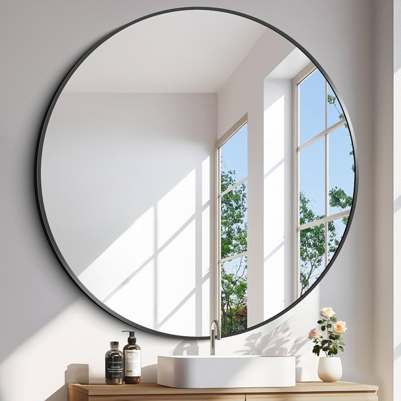 Round Mirror Oversized Slim Black Frame Bathroom Vanity Decor