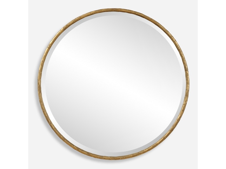 Round Mirror Textured Metallic Frame Aged Finish Beveled Edge