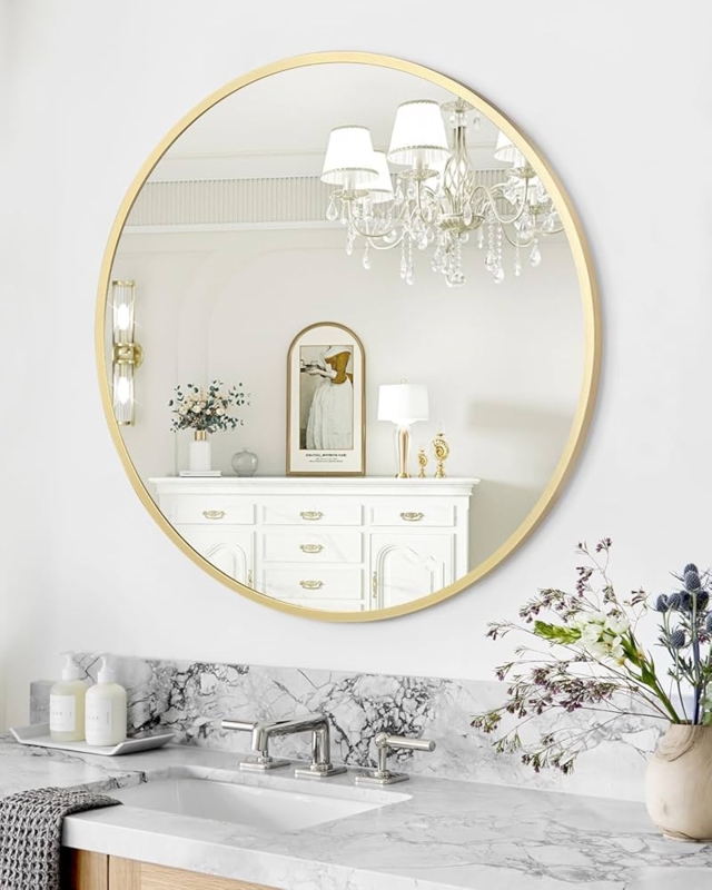 Round Mirror Ultra Slim Gold Frame Modern Glam Bathroom Decor