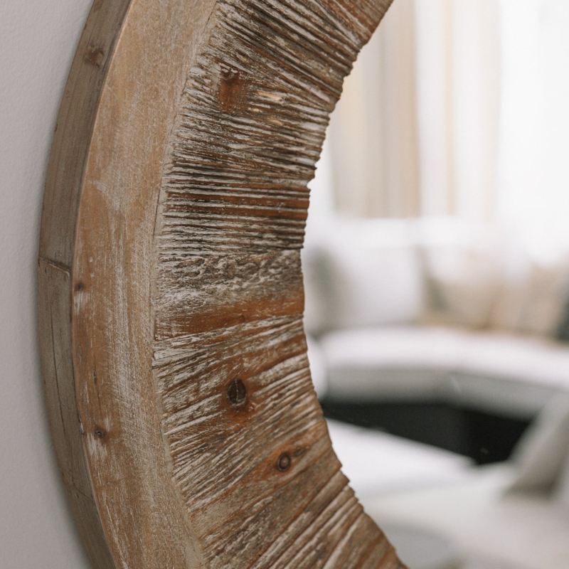 Round Wall Mirror, Carved Wood Ribbed Frame, Weathered White Finish
