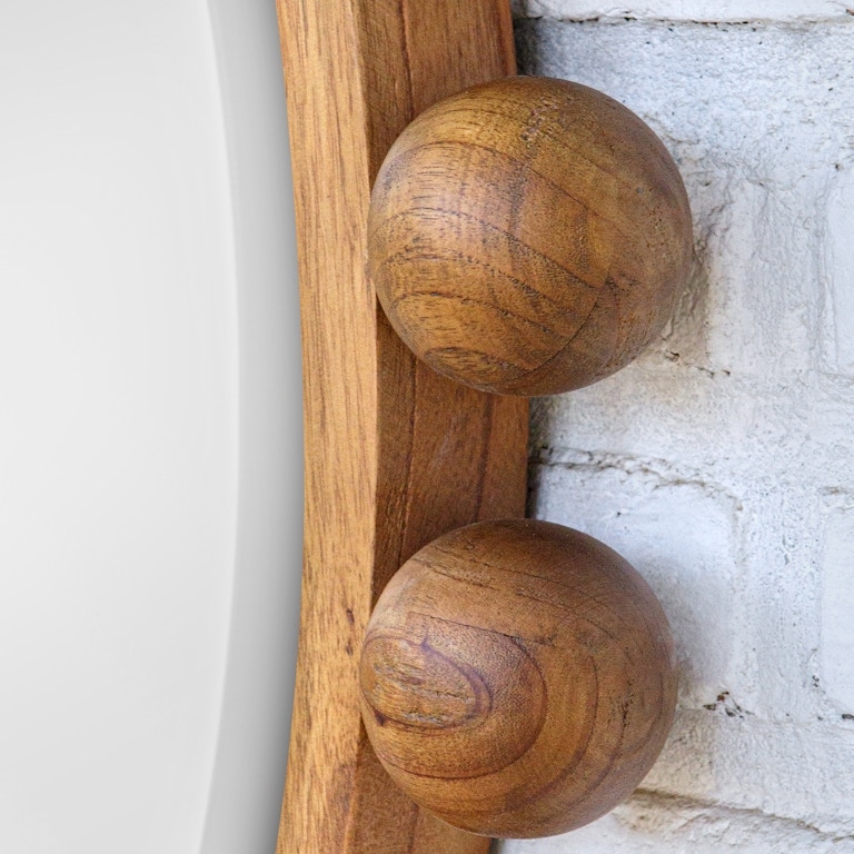 Round Wall Mirror, Curved Frame with Large Wood Beads, Organic Modern
