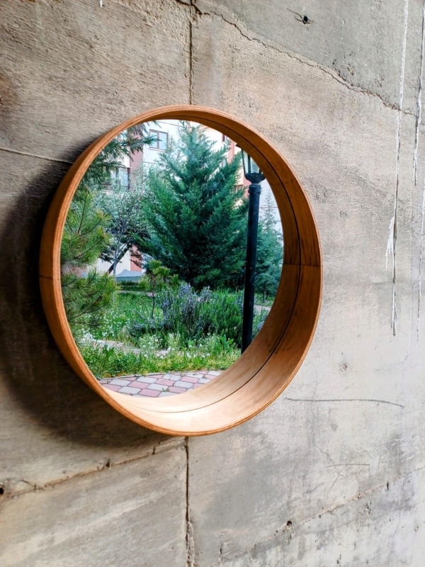 Round Wall Mirror, Deep Bentwood Portal Frame, Modern Organic