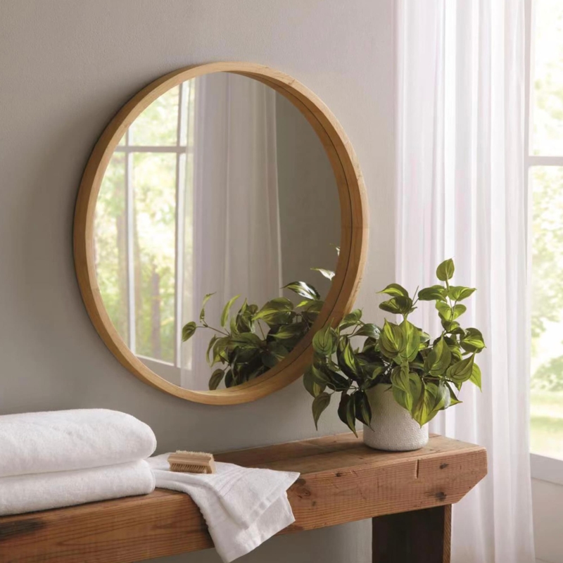 Round Wall Mirror, Deep Natural Wood Frame, Rustic Bathroom Vanity