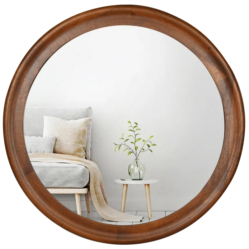 Round Wall Mirror, Deep Walnut Wood Frame, Transitional Bedroom Decor