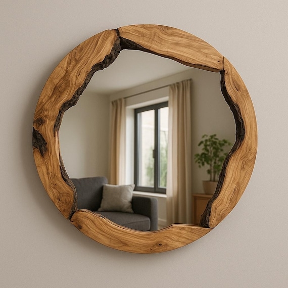 Round Wall Mirror, Live Edge Wood Frame with Bark Accents, Rustic