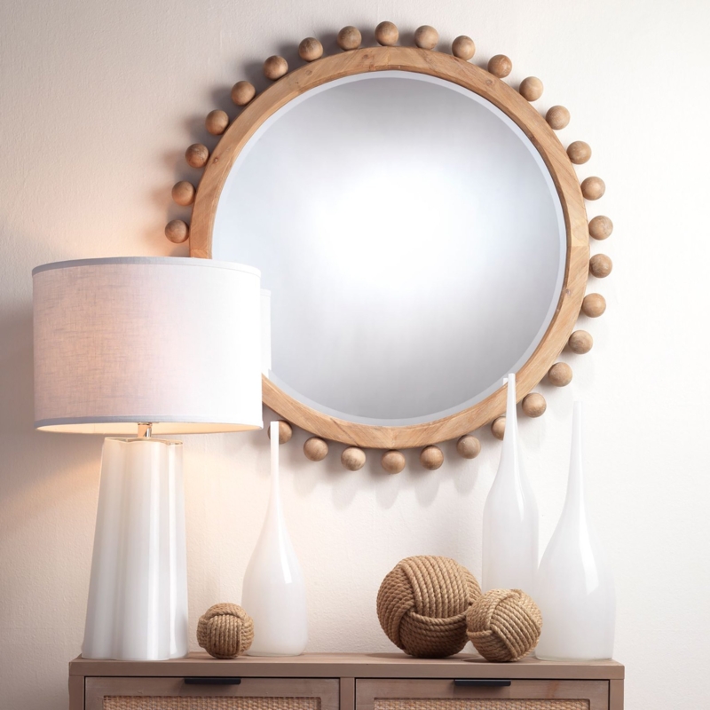 Round Wall Mirror, Organic Modern Beaded Wood Frame, Neutral Decor