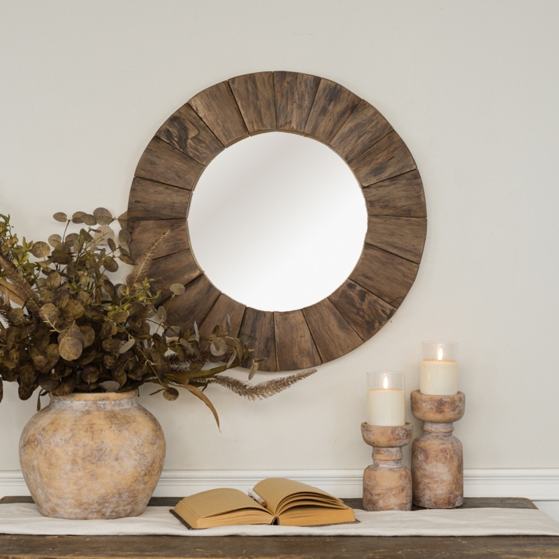 Round Wall Mirror, Radial Plank Wood Frame with Scalloped Edge