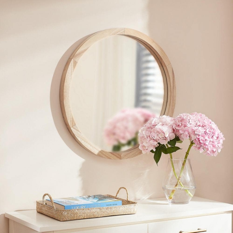 Round Wall Mirror, Segmented Natural Wood Frame, Transitional Bedroom