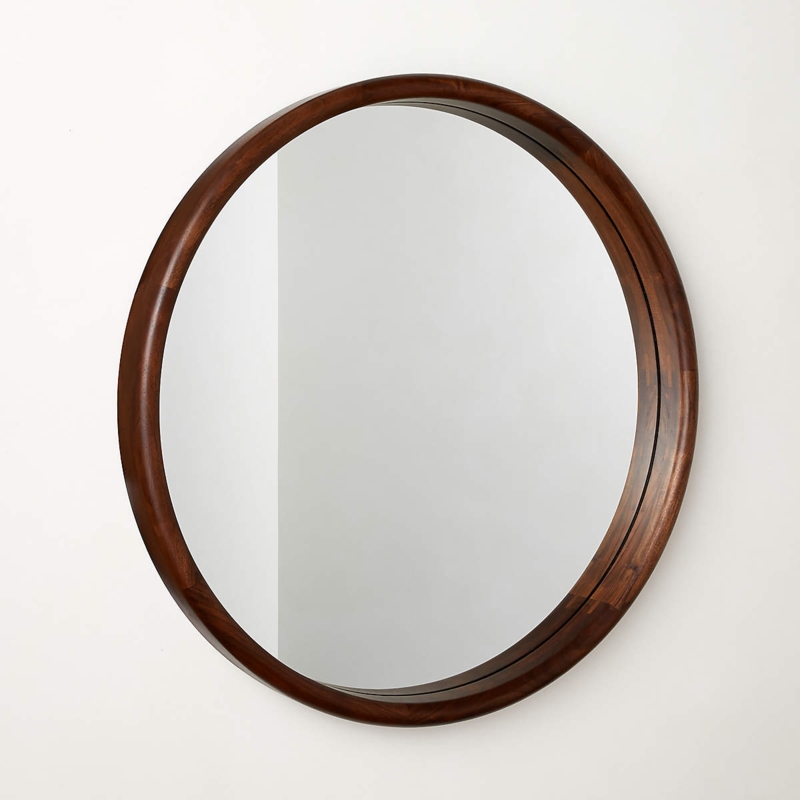 Round Wall Mirror, Thick Dark Wood Frame with Recessed Glass