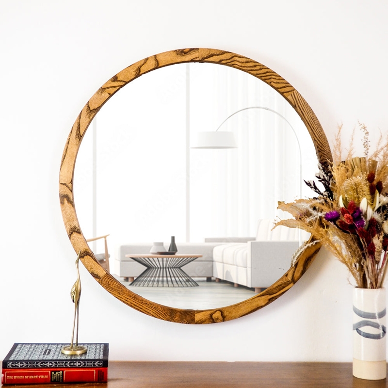 Round Wall Mirror, Wide Frame with Heavy Wood Grain, Modern Farmhouse
