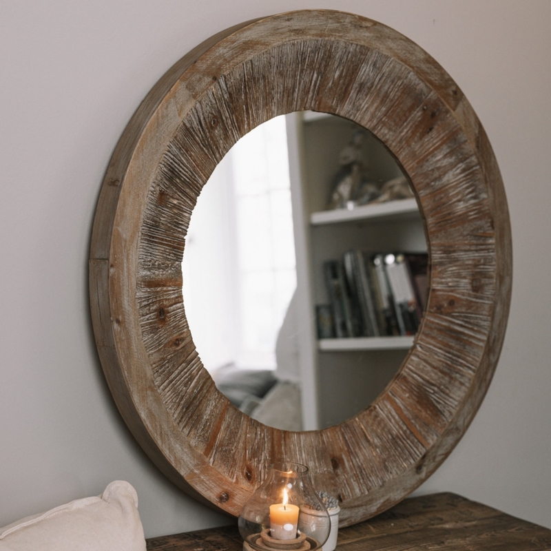 Round Wall Mirror, Wide Radial Carved Frame, Distressed Rustic Finish