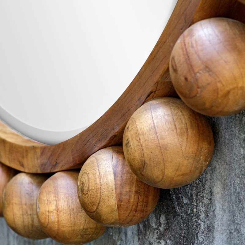 Round Wall Mirror with Chunky Wood Spheres, Earthy Transitional Style
