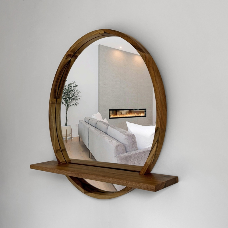 Round Wall Mirror with Integrated Shelf, Mid-Century Modern Entryway