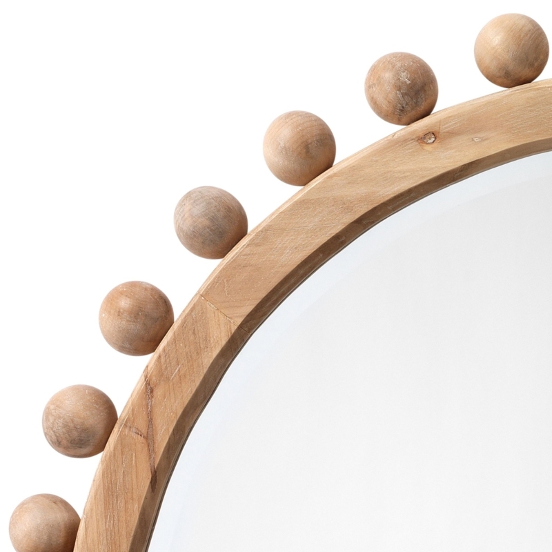 Round Wall Mirror with Light Wood Beads, Transitional Nursery Decor