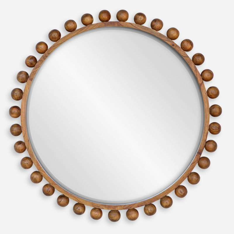 Round Wall Mirror with Wood Beads, Bohemian Chic Entryway Accent