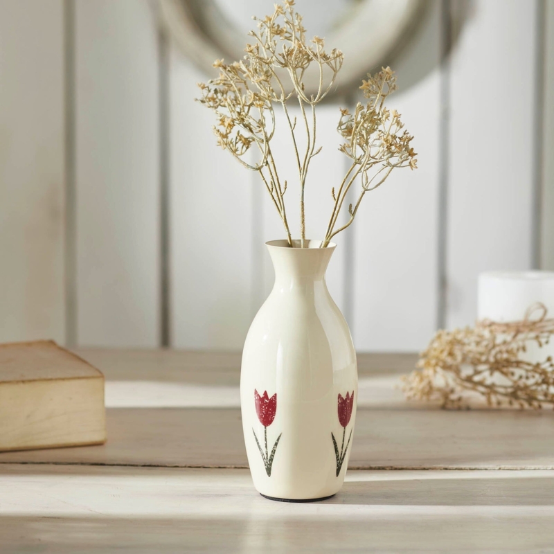 Rustic Antique White Vase Metal Tulip Motif Slender Shape