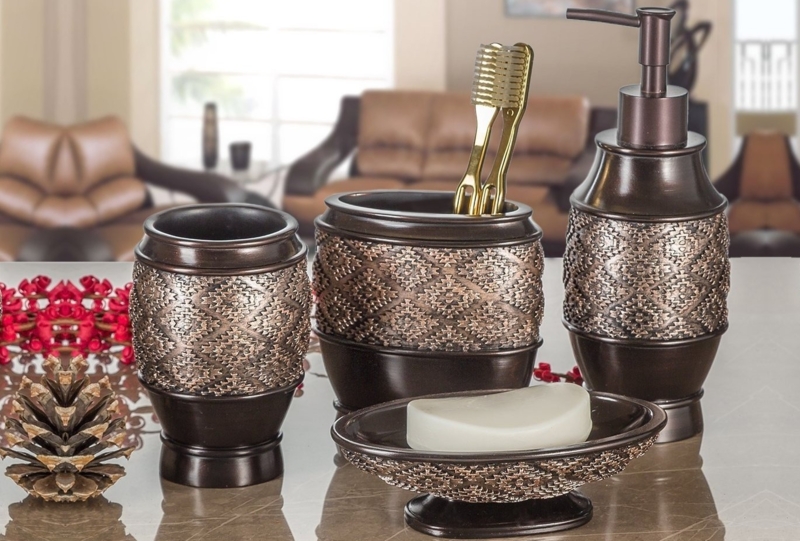 Rustic Bathroom Accessory Set, Dark Brown Cracked Mosaic Texture