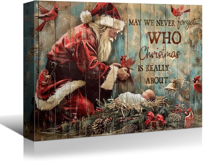 Rustic Canvas Art: Faux Plank Background with Santa Nativity Theme