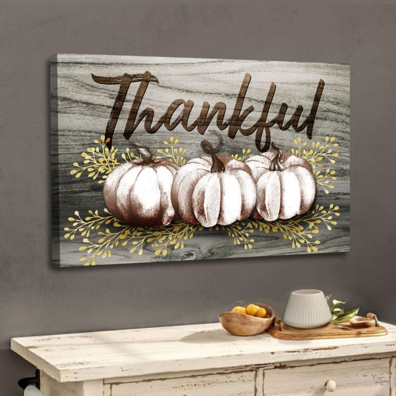 Rustic Canvas Wall Art with White Pumpkin Graphic and Wood Grain