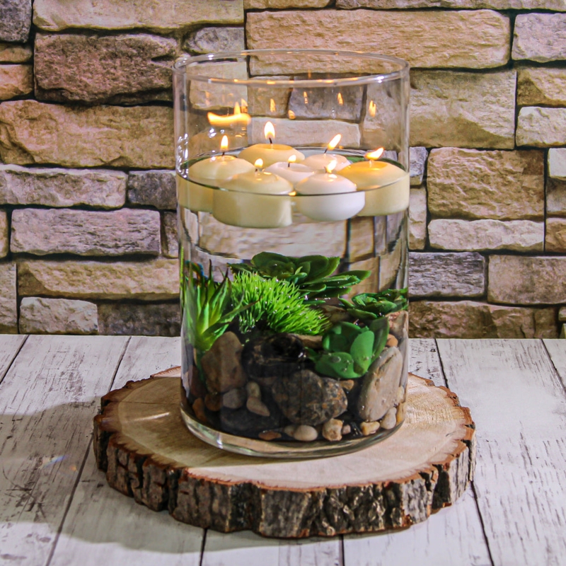 Rustic Glass Cylinder Vase Submerged Succulents Wood Slice Base